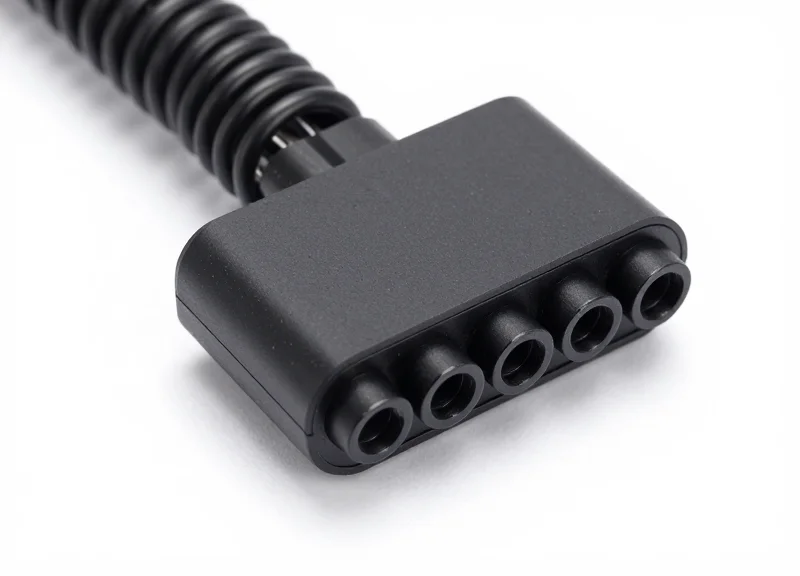 Close-up of a multi-point electronic security alarm sensor cable with coiled wires and adhesive sensors.