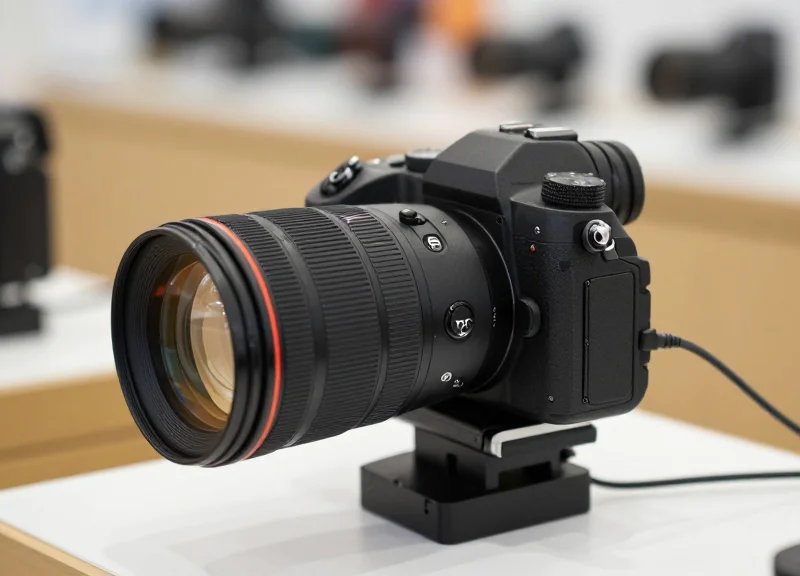 A professional camera body and lens connected by an interlocking security sensor system on a display stand.