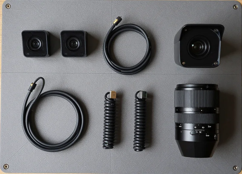 A neat flat lay of camera security equipment including sensors and 4-core cables on a workbench.