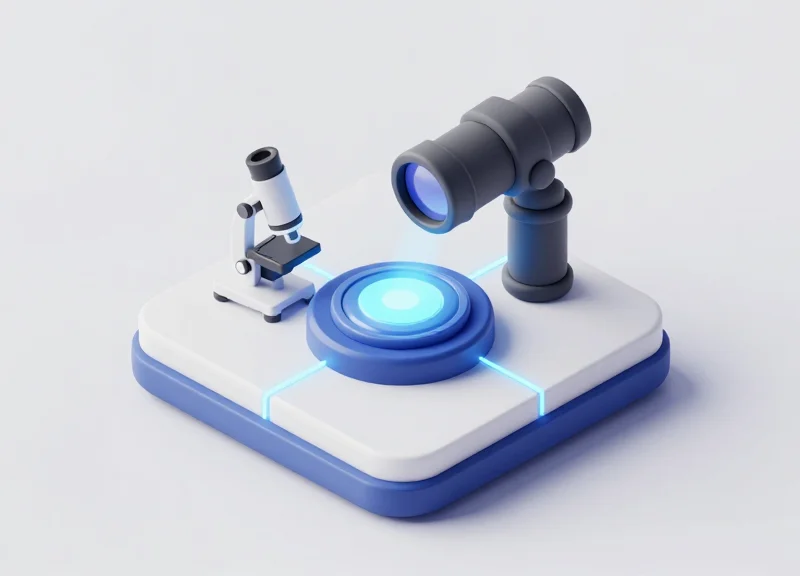 Isometric 3D model of a security network connecting a microscope to a central server