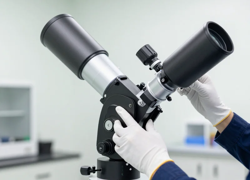 Technician in a cleanroom environment carefully adjusting a high-value telescope