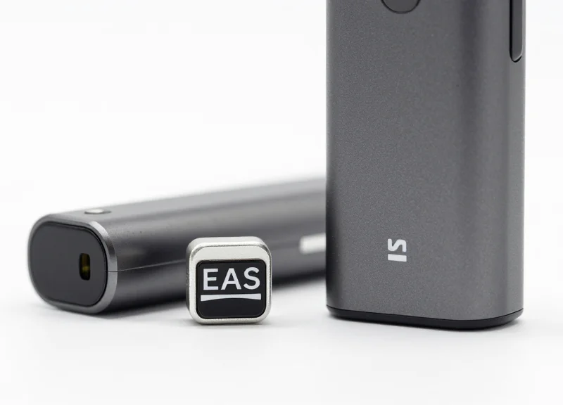 A macro close-up of a tiny 15mm security label next to a modern vape pod to show scale.