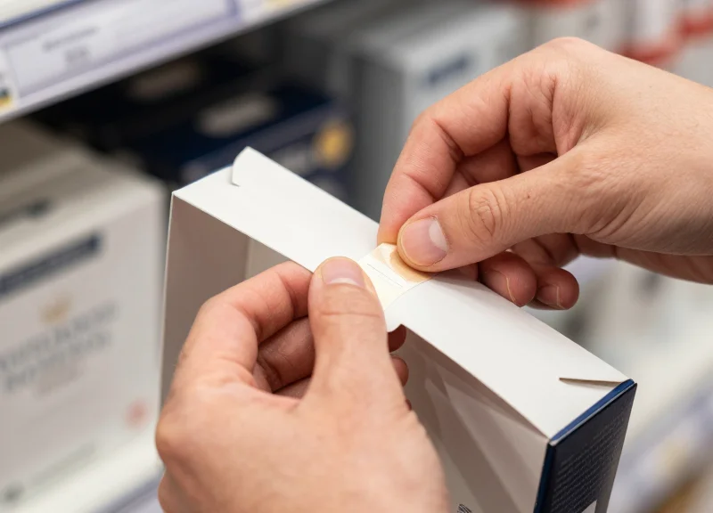 A person's hands applying a security label to the inside of a vape product box.