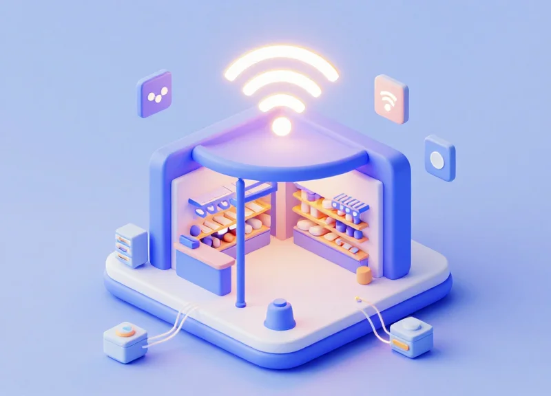 An isometric 3D model of a modern store entrance with RFID scanning technology.