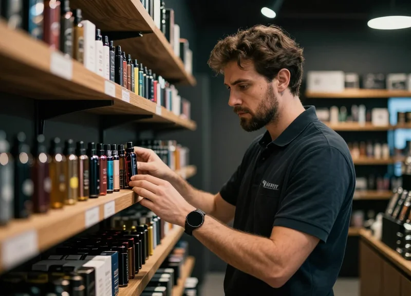 A concerned store owner reviewing inventory in a modern vape boutique with moody lighting