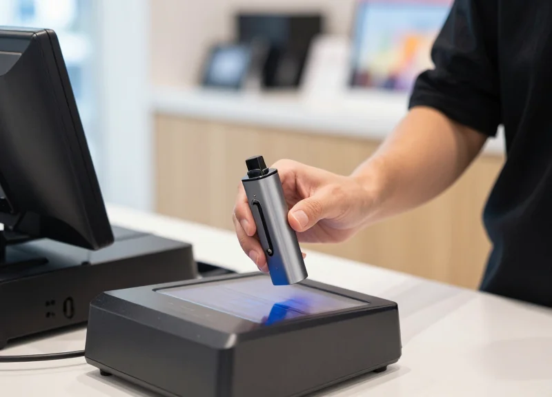 A retail cashier smoothly passing a product over a deactivation pad