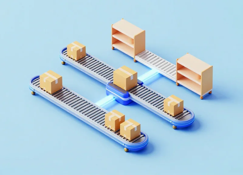 3D isometric map of a retail supply chain from tagging to shelving