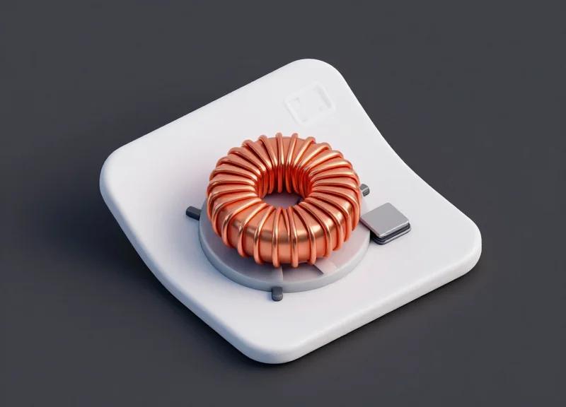 An isometric 3D model of a security tag showing the internal copper coil and microchip components.