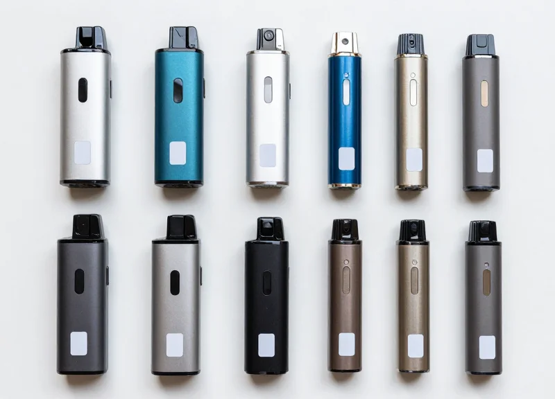 Top-down view of atomizers with security labels applied in specific locations on a wooden surface.