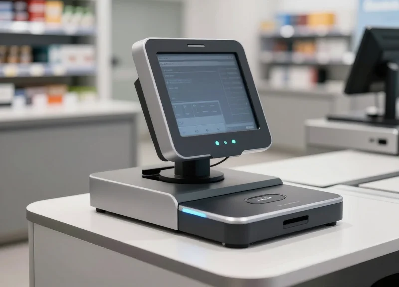 A modern retail security deactivation pad integrated into a checkout counter with professional lighting.