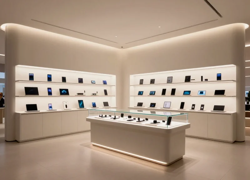 Wide shot of a futuristic high-tech electronics boutique with minimalist glass displays and sleek lighting