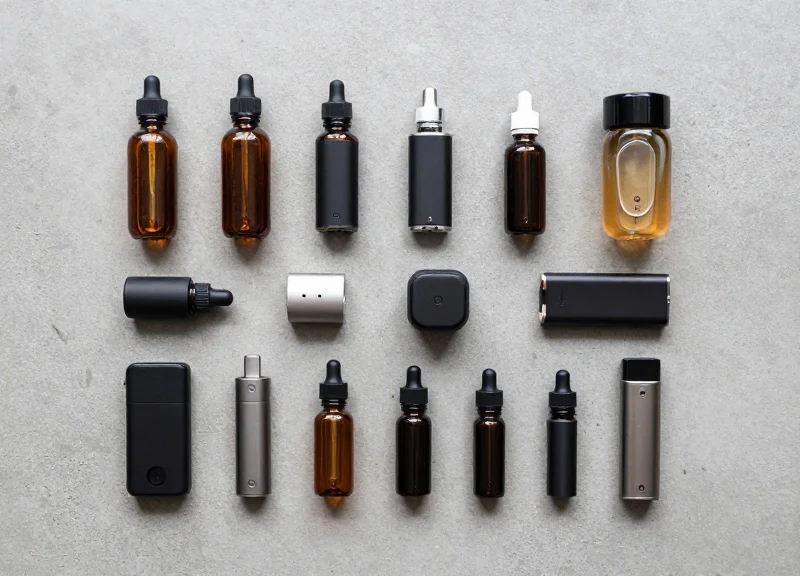 Organized flat lay of vape devices and accessories with security sensors