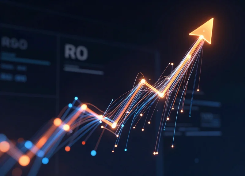 Abstract digital visualization of an upward trending line representing return on investment and growth.