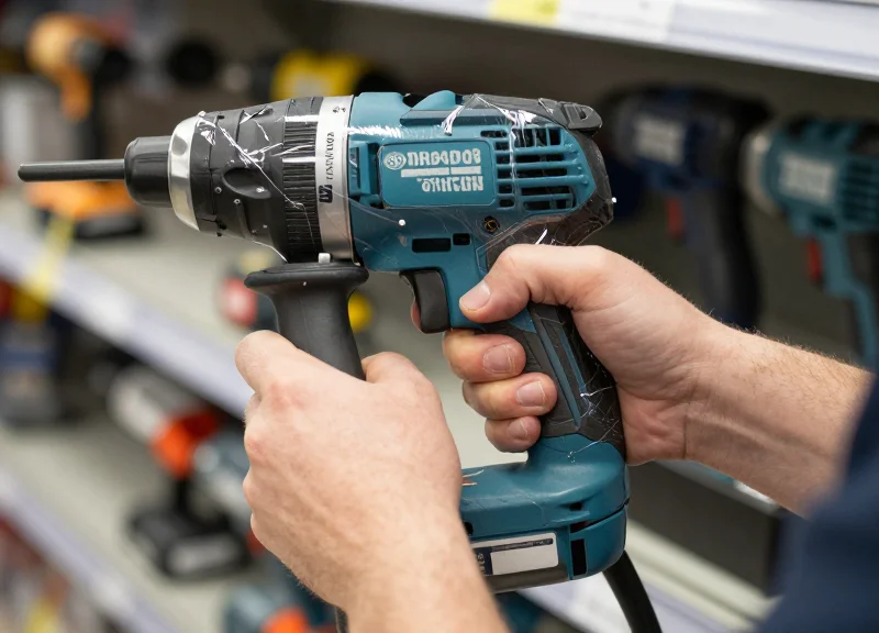 Close-up of a customer's hands examining a power tool that is secured by a spider wrap in a store.