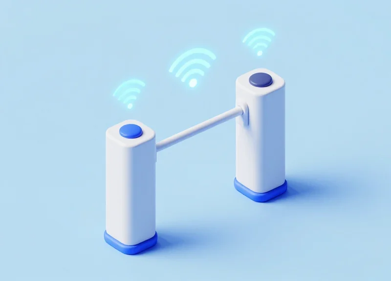 Isometric 3D model of a retail security gate and digital connection signals representing RFID and EAS technology.