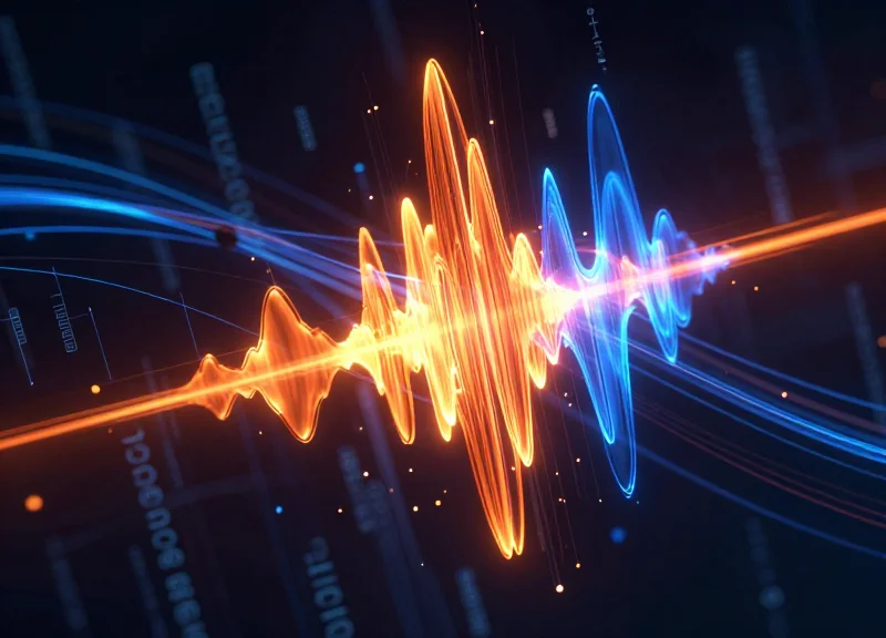 Abstract visualization of electromagnetic 58kHz AM EAS waves interacting with a metallic surface, showing signal interference.