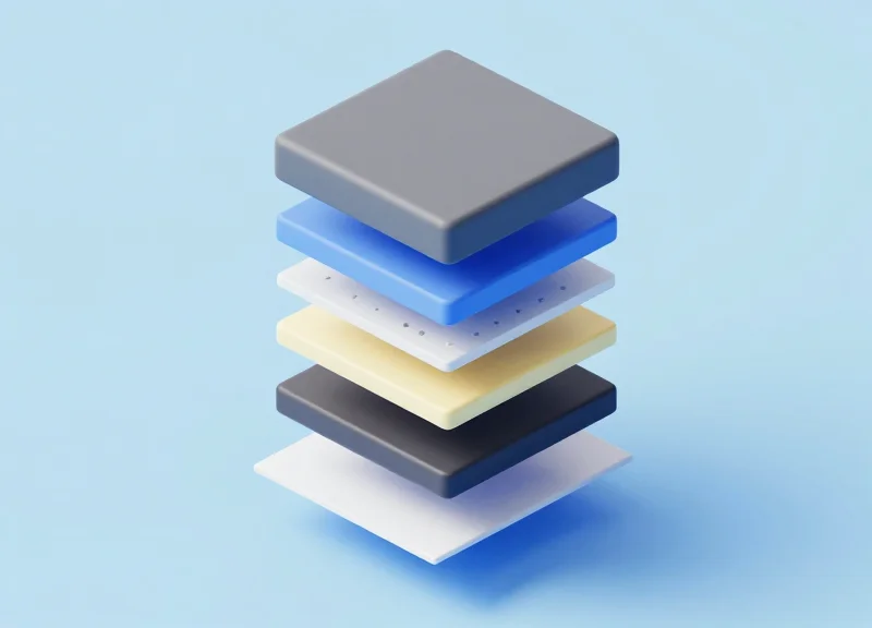 Isometric 3D model showing the internal layers of a metal-safe security tag including the ferrite and spacer layers.