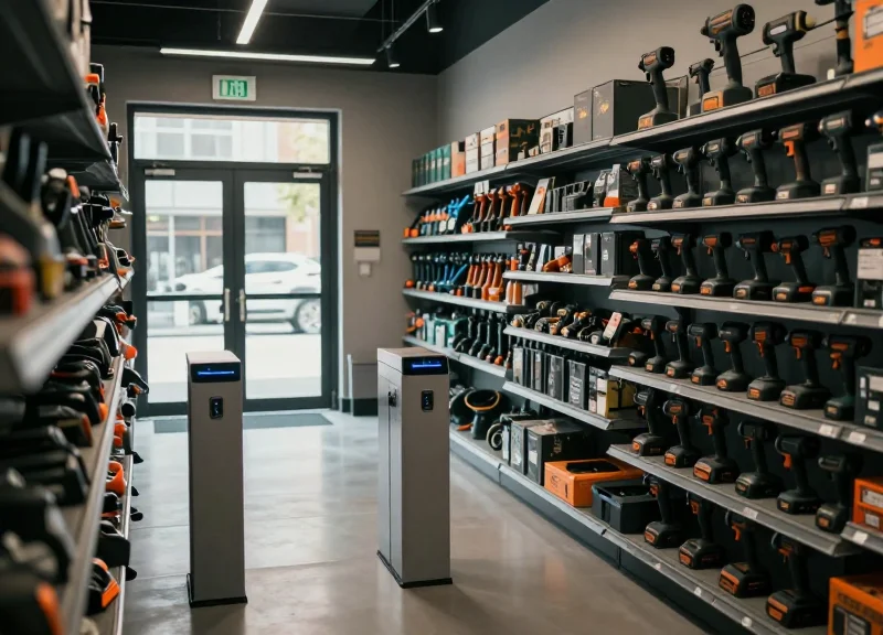 Modern hardware store interior with high-tech security gates and organized power tool displays, photorealistic documentary style.