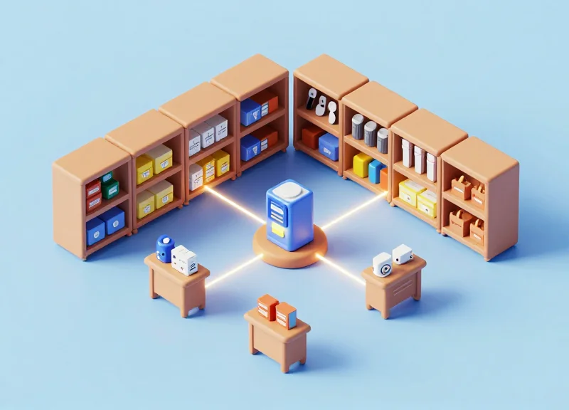 Isometric 3D model of a retail system showing tools connected to inventory data and security pillars.