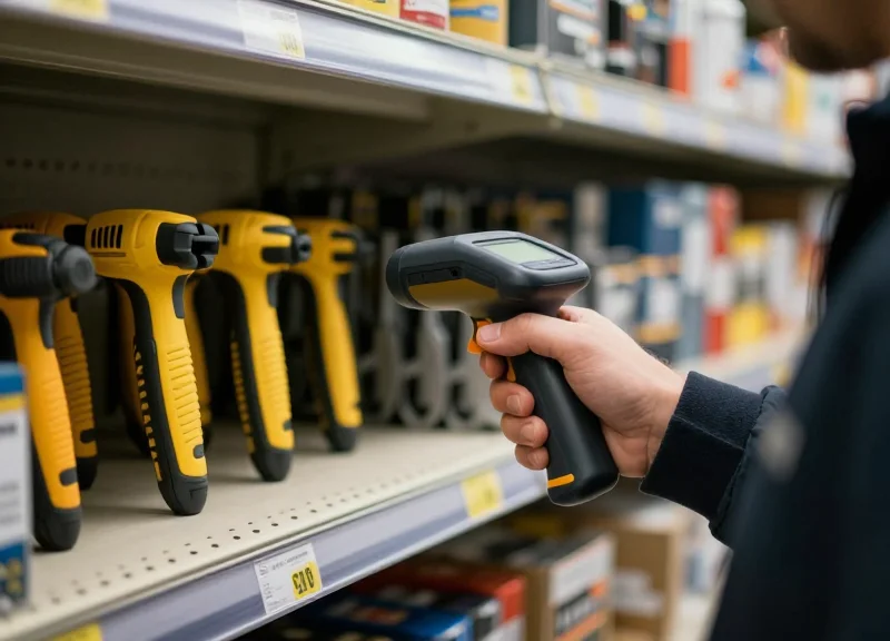 Retail employee using a handheld digital scanner on tagged hardware items in a store setting.