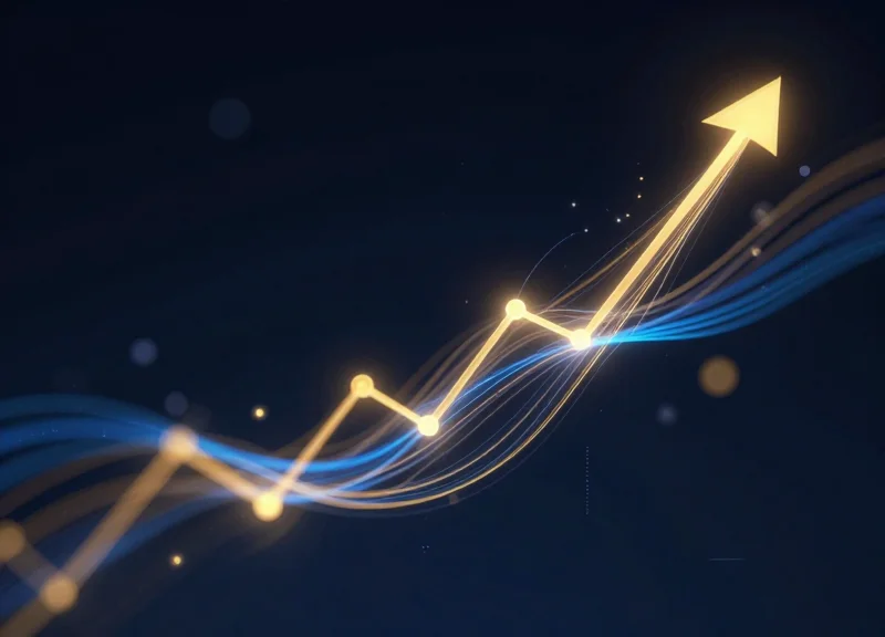 Abstract digital visualization of rising light trails and nodes representing ROI and financial growth.
