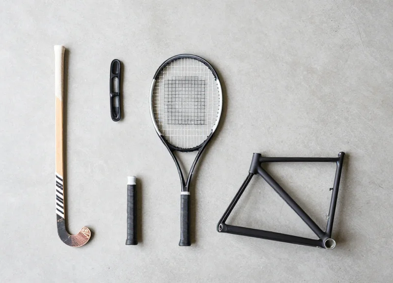 A top-down collection of high-value sports equipment with complex shapes like rackets and bike frames.