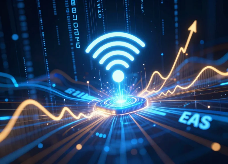 An abstract visualization of digital signals and data flow representing RFID and EAS technology integration.