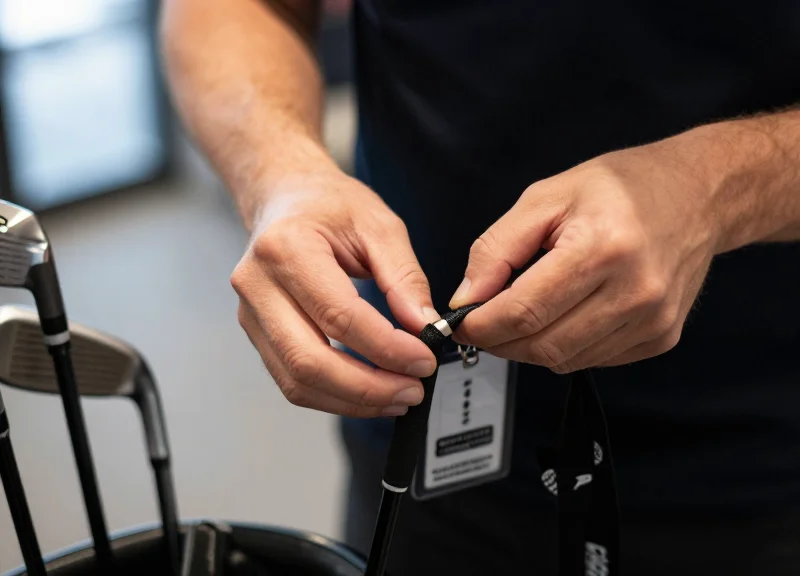A person's hands applying a security tag to the handle of an expensive golf club.