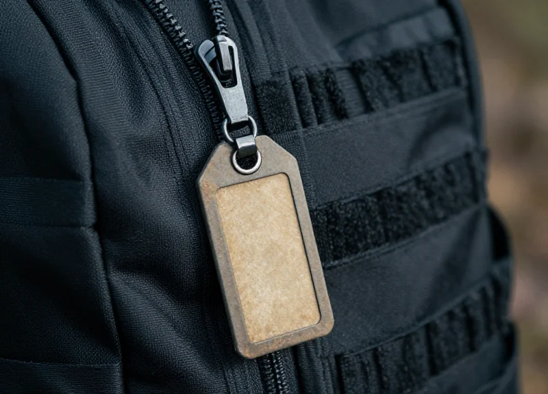 Close-up of a rugged outdoor backpack with a traditional security tag struggling to fit on a thick zipper