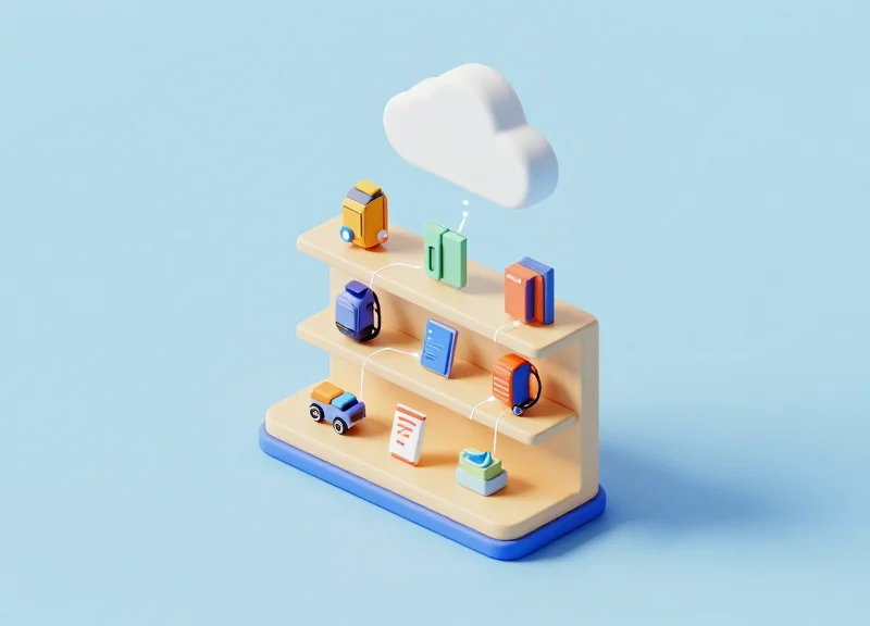 Isometric 3D model of a retail shelf integrated with RFID technology and cloud data
