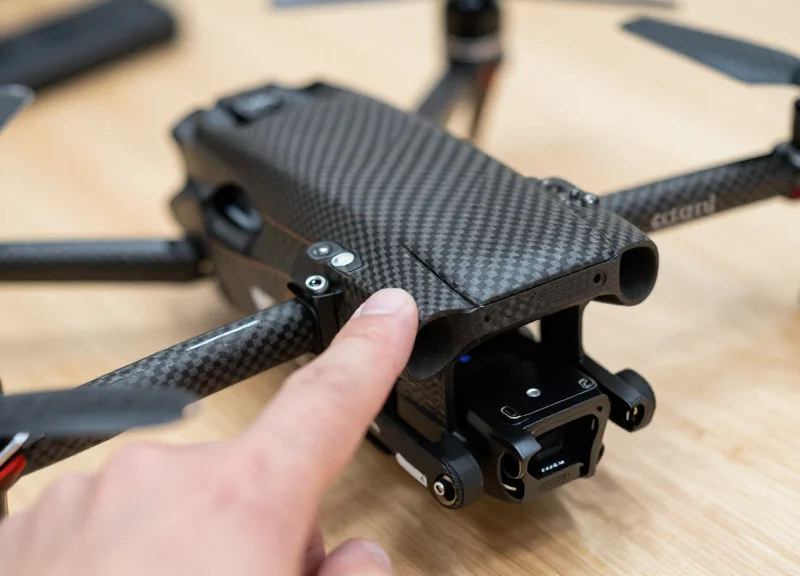 A close-up view of a drone frame showing safe attachment points for security tags.
