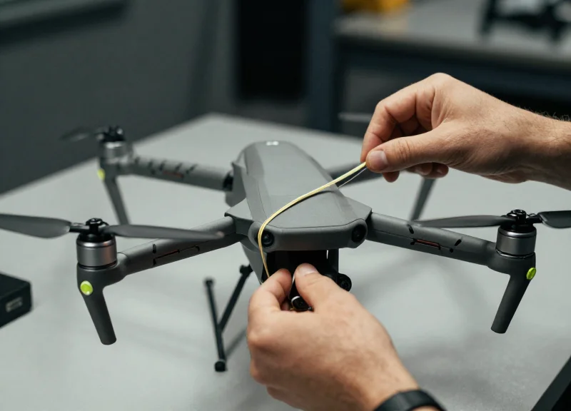 Hands demonstrating the proper looping of a security tag on a drone arm.