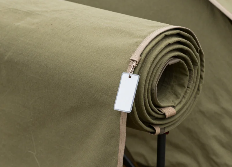Close-up of a large rolled-up camping tent showing the difficulty of attaching a standard security tag.