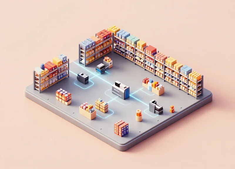 Isometric 3D illustration of a retail inventory system from warehouse to point of sale.