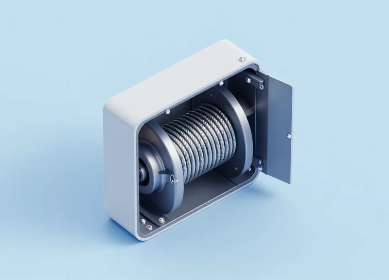 3D isometric view of a mechanical retractable pull box showing the internal cable reel system.