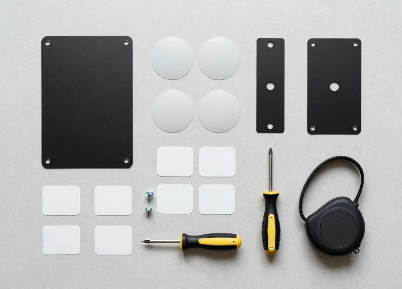 An organized arrangement of security installation tools and mounting hardware.