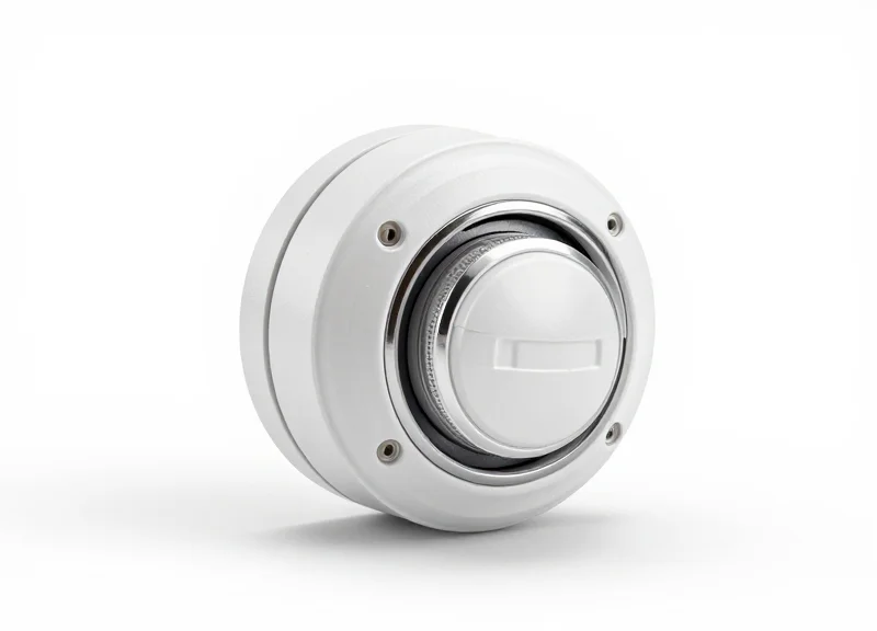 Close-up of a sleek electronic pull-cord security alarm sensor on a white background.