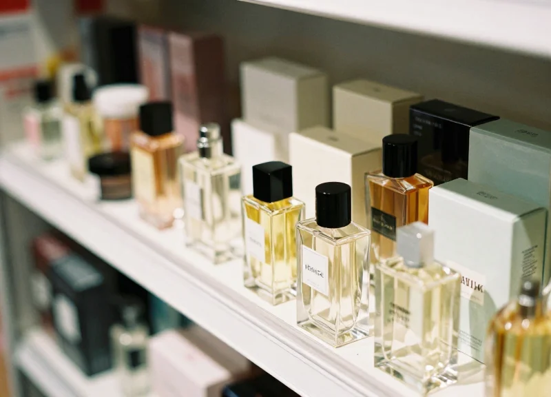 Detailed close-up of luxury cosmetics on an open merchandising shelf, highlighting accessibility.