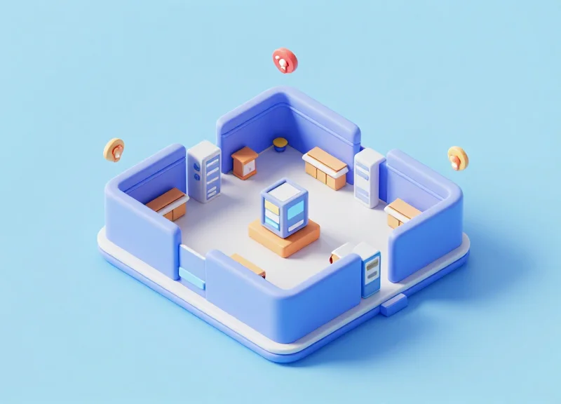 Isometric 3D model of a retail store security network with connected alarm nodes.