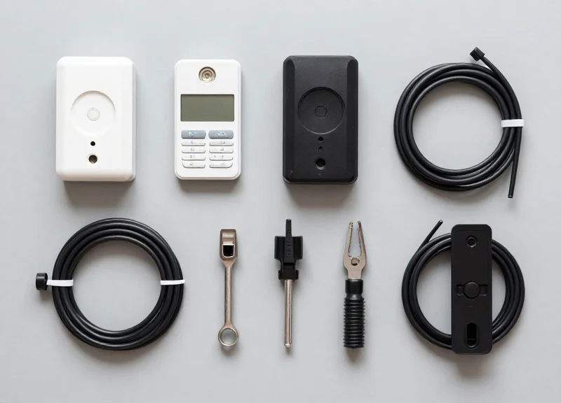 A neatly organized collection of security hardware components and installation tools.