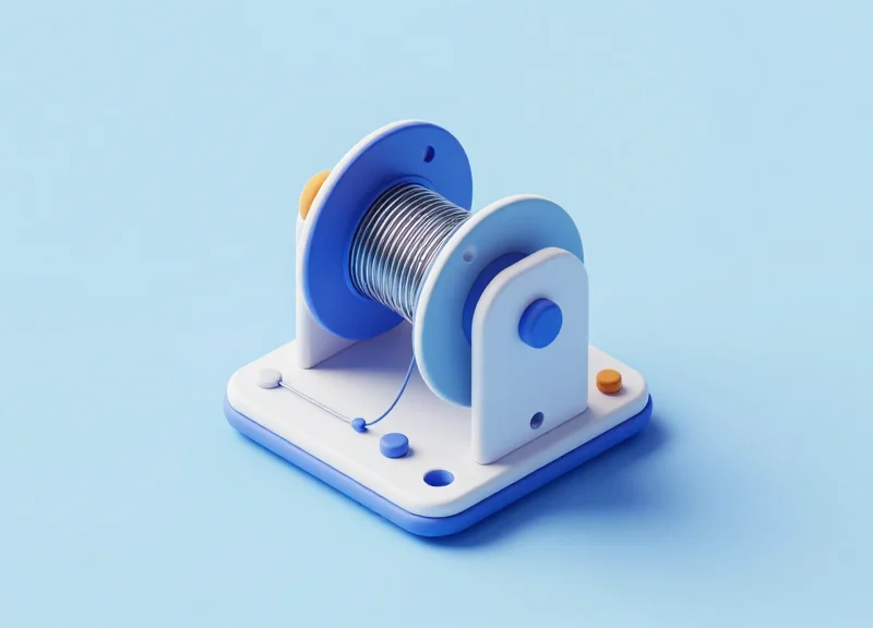 Isometric 3D model of a mechanical recoiler system with internal spring and cable components