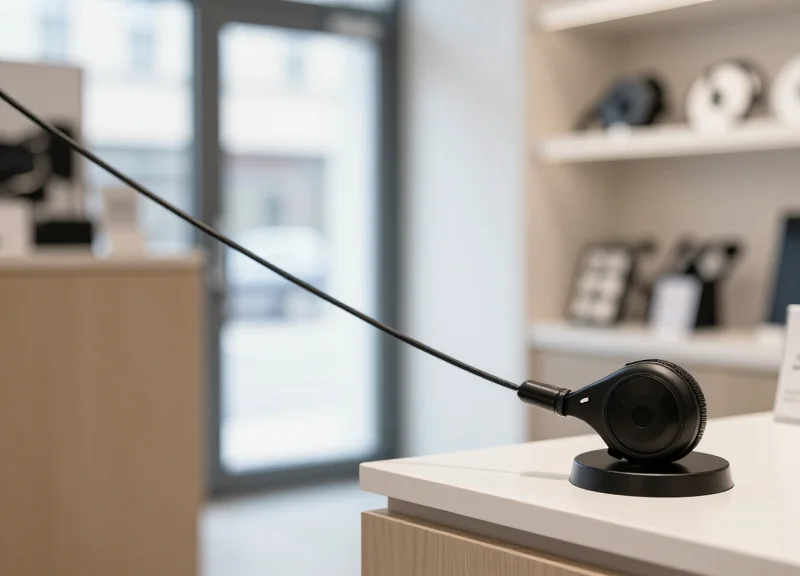 Retractable security cord extending from a display stand
