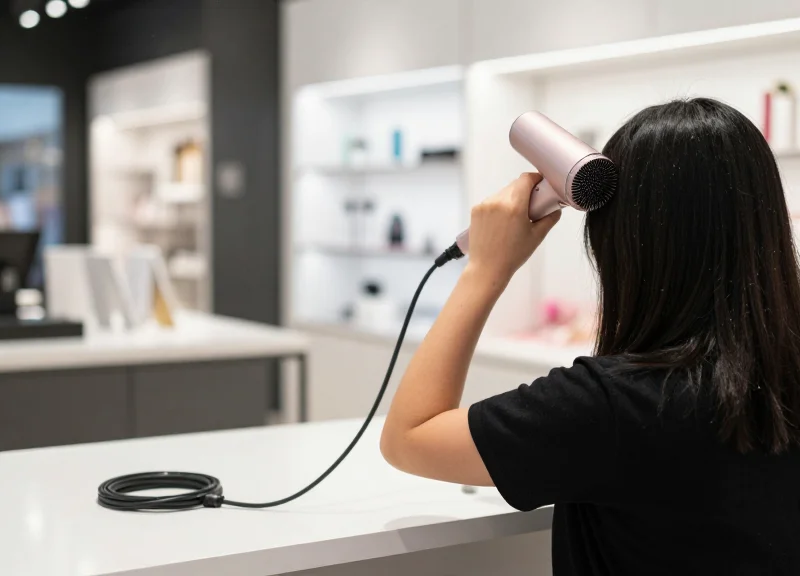 A customer testing a hair styler with a security cord in a showroom