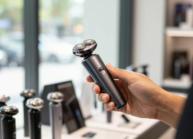 A customer comfortably testing a premium shaver at a clean, modern retail counter with natural sunlight.