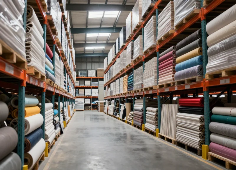 A wide-angle photorealistic shot of a futuristic 2026 warehouse storing oversized rolled fabrics and construction beams, high-tech security systems visible.