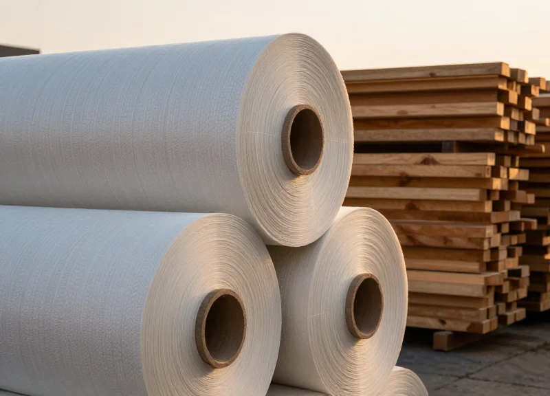 A close-up of large rolls of fabric and stacked construction wood inside a storage facility.