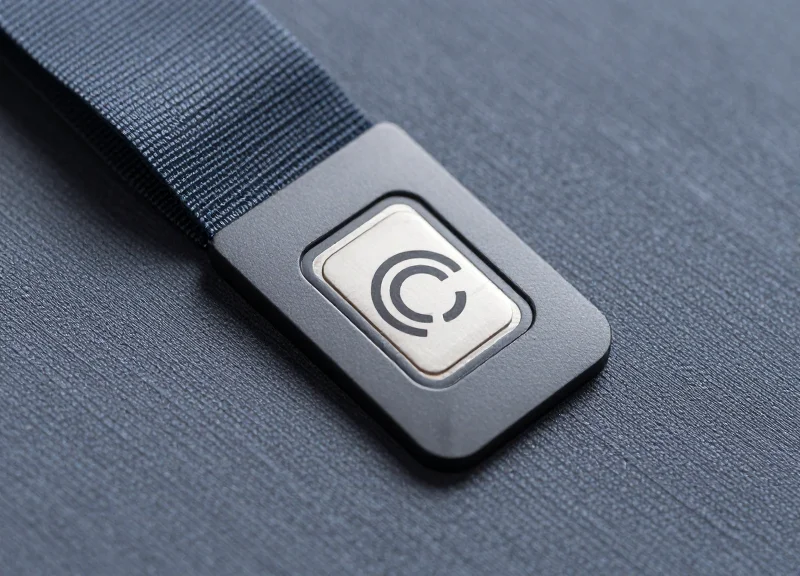Macro close-up of a high-tech RFID chip embedded in a premium yoga garment label.