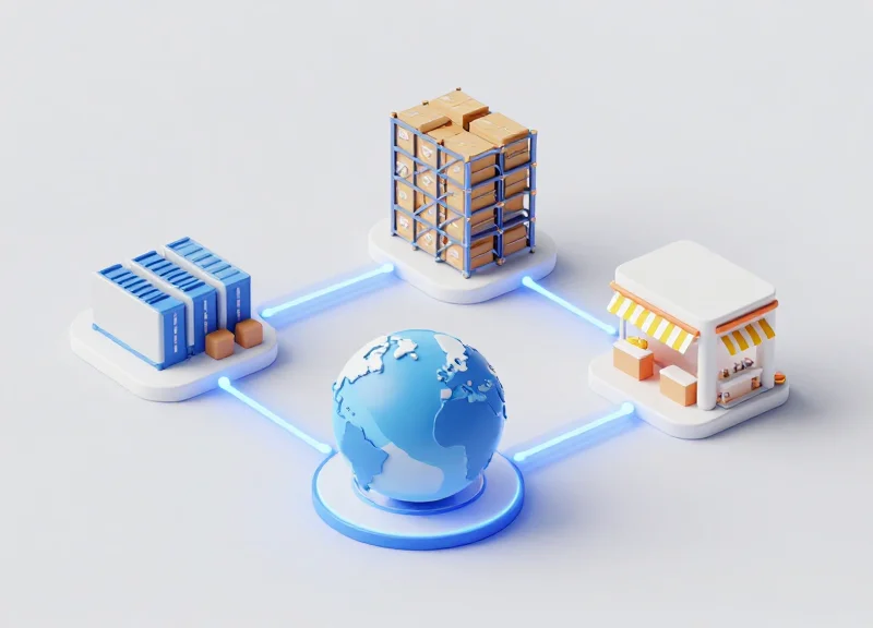 Isometric 3D map showing a supply chain flow from manufacturing to retail storefront connected by glowing data lines.