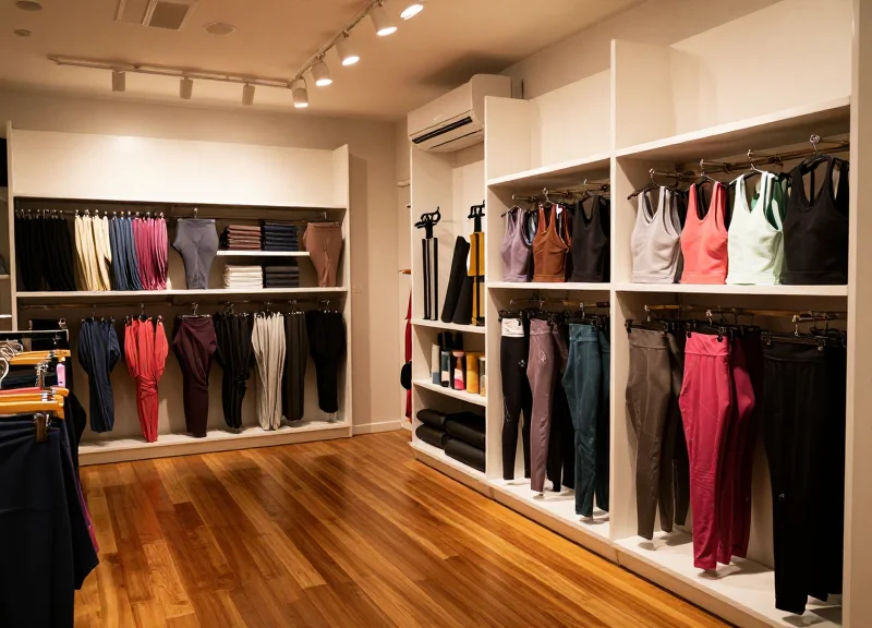 An upscale, modern yoga apparel store with high-end inventory and discreet security sensors.