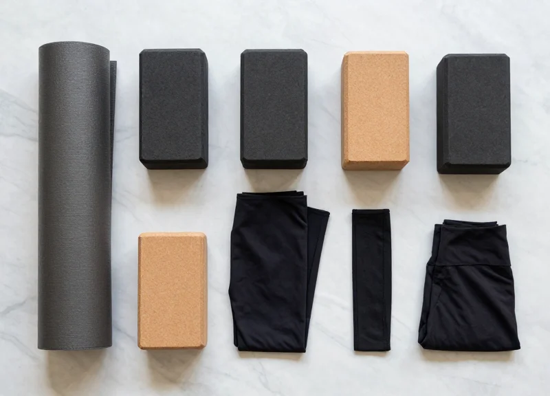 A perfectly organized grid of yoga mats and gear, representing optimized inventory levels.